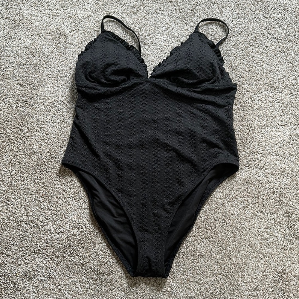 Black ruffle top bathing suit